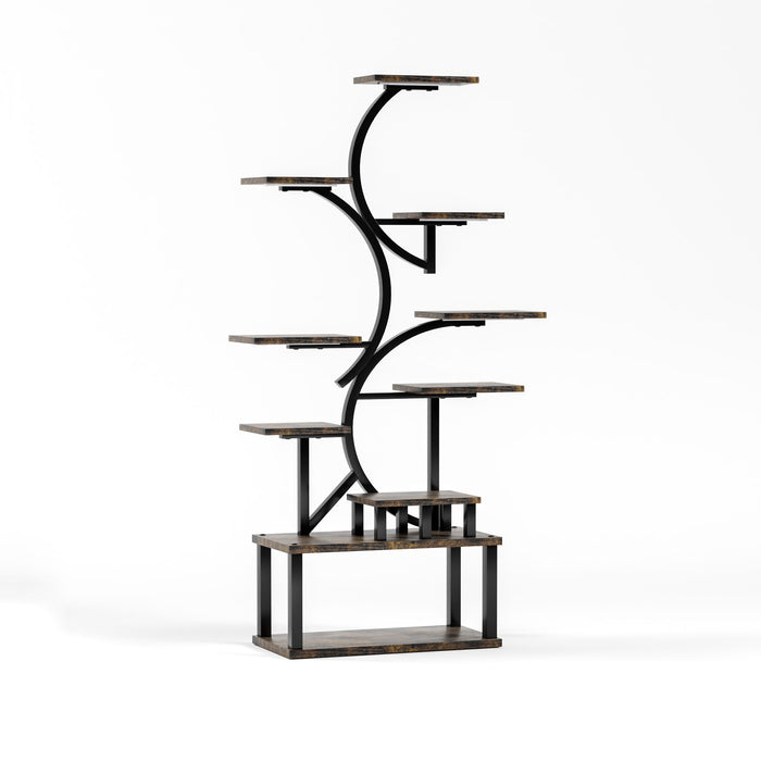 S - Shaped, 10 Tier Plant Stand With 5 Grow Lights - Deep Rustic Brown