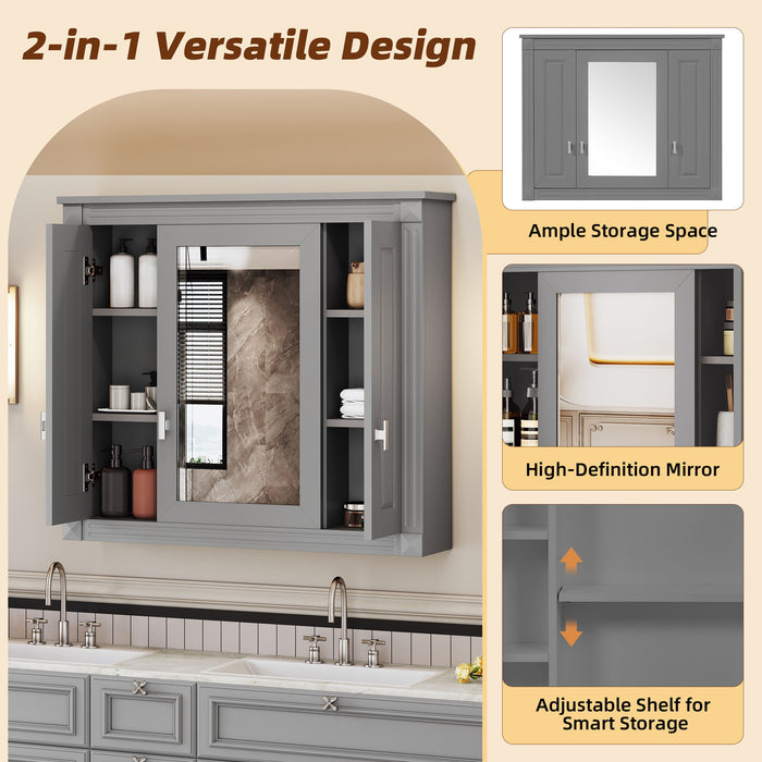 Wall Mounted Bathroom Cabinet With Mirror And 4 Shelves, Rectangular Design - Gray