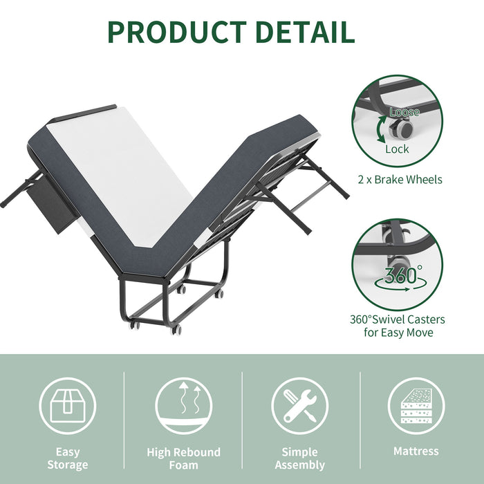 Twin Folding Bed With Adjustable Headboard & Memory Foam, Space Saving Rollaway Guest For Tall People, Portable On Wheels, Easy Assembly - Black