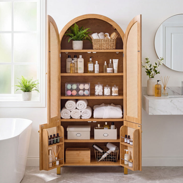 Tall Arched Cabinet With Rattan Doors & Adjustable Shelves