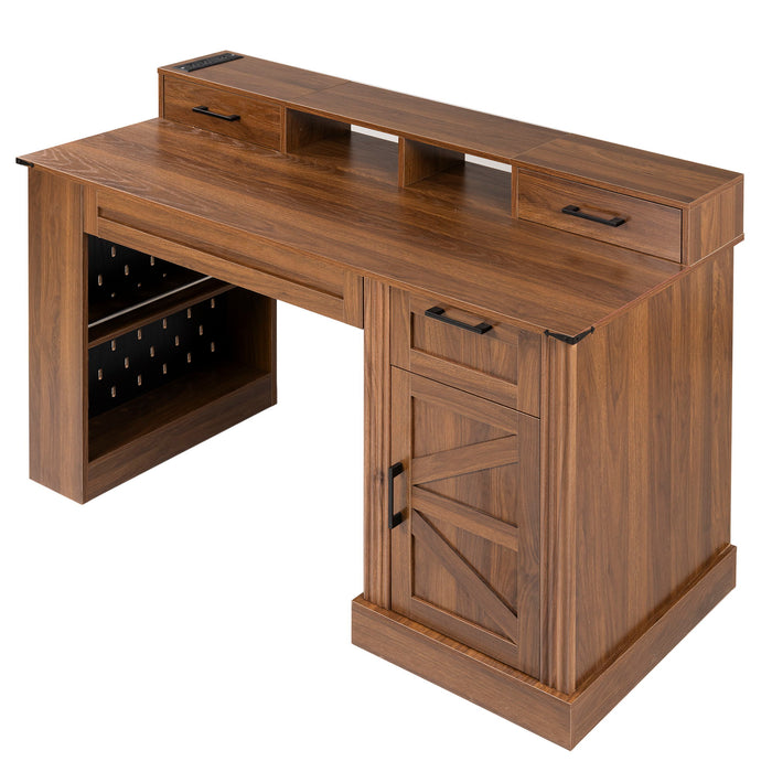 Office Desk With Storage Cabinet, Charging Station, Monitor Stand & Pegboard