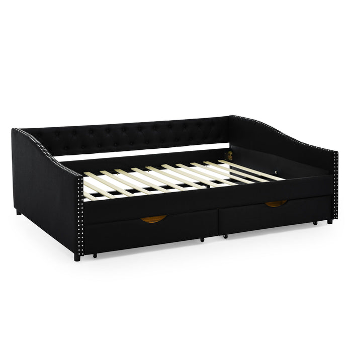 Upholstered Tufted Daybed With 2 Drawers, Waved Arms