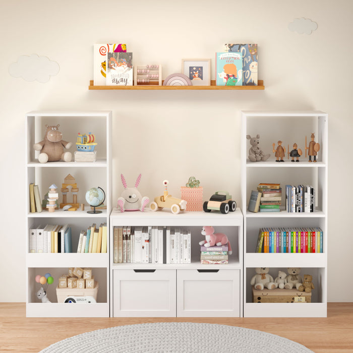 Book Organizer With Large Drawers And Open Shelves, Toy Storage Cabinet With Removable Wheels And Rounded Edges - White