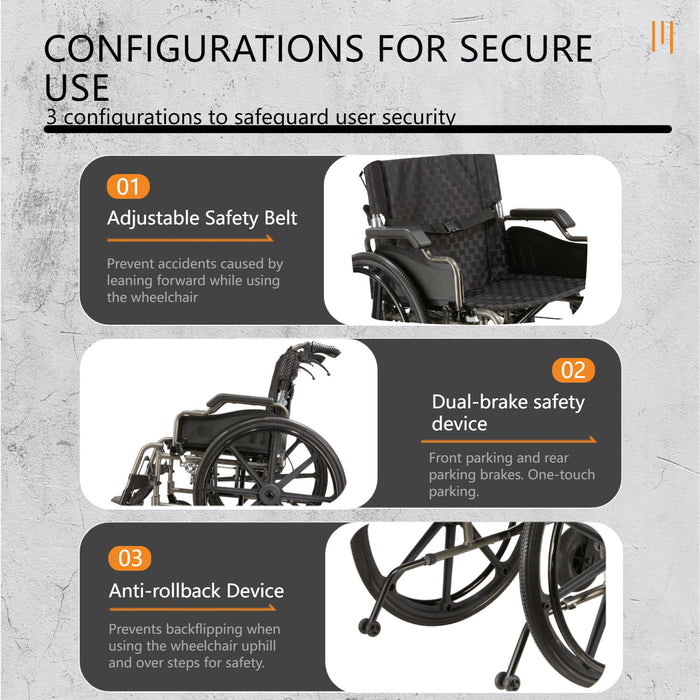 Lightweight Foldable Nursing Wheelchair For Adults Double X Force Support, 300Lbs Capacity, Breathable Cushion & Anti Backflip Design With Tires, Adjustable Seat Belt, Quick Release Wheels - Gray