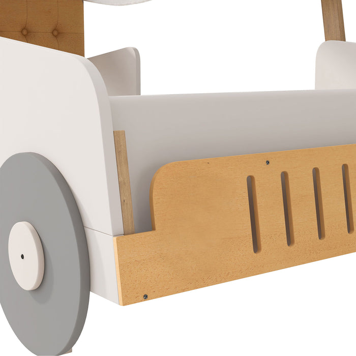 Twin Size Car Bed & Pillow, Ceiling Cloth And LED - Natural