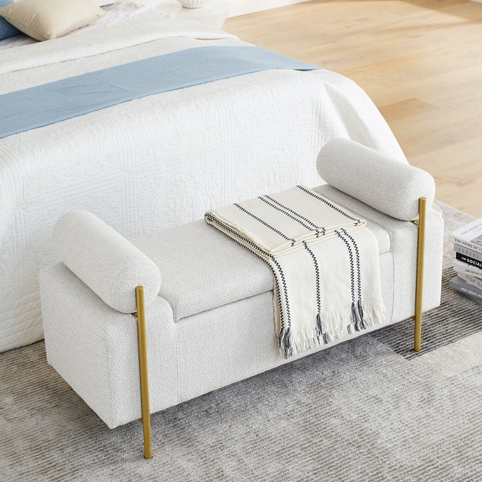 Elegant Upholstered Linen Storage Bench With Cylindrical Arms And Iron Legs, White