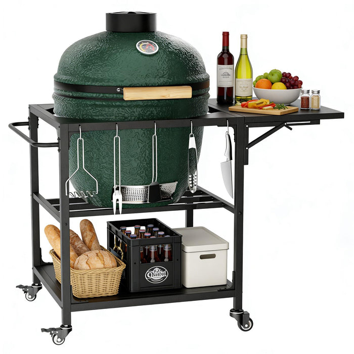 Outdoor Grill Table, Prep Cart With Wheels, Storage Shelf And Hooks - Black