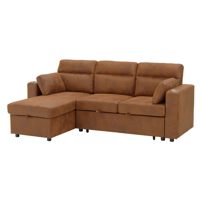 Convertible L - Shaped Sectional Sofa Bed With Storage Chaise, Cup Holders