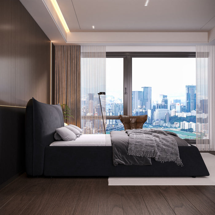 Upholstered Platform Bed With Special Shaped Velvet Headboard