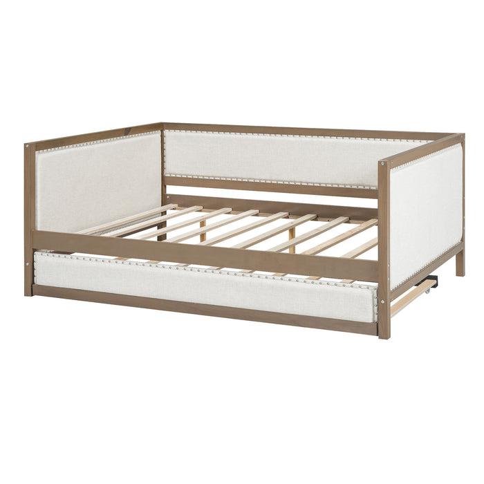 Full Size Daybed With Trundle And Nailhead Decoration - Wood