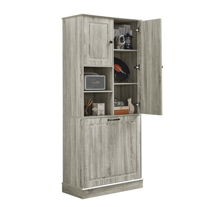 Modern Tall Storage Cabinet With Adjustable Shelves, Flip-Out Basket & Enclosed Doors