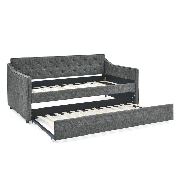 Twin Upholstered Daybed With Trundle, Waved Arms - Gray