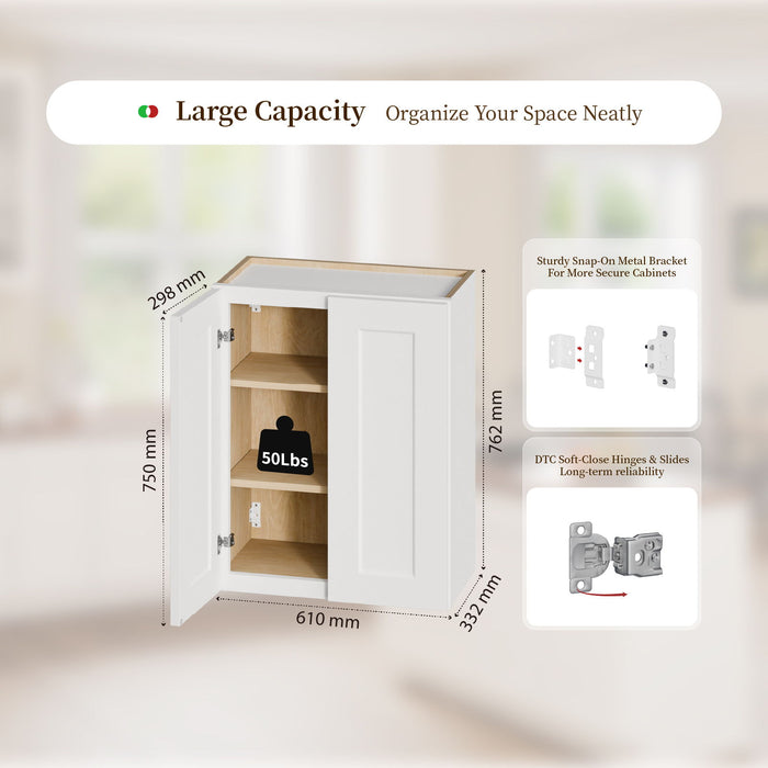 Shaker Wall Cabinet With Soft Close Hinges, Adjustable Shelves, Double Door