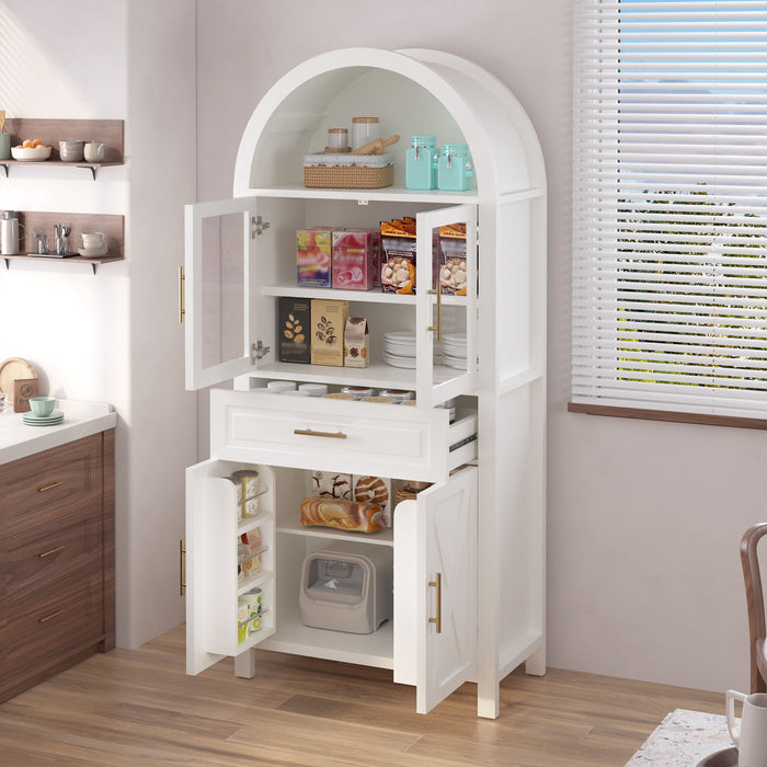 Arched Kitchen Pantry Cabinet With Adjustable Shelves & Barn Door Design
