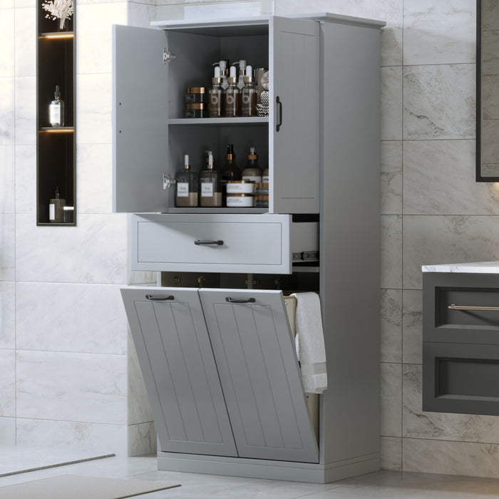 Modern Bathroom Storage Cabinet With Two Laundry Baskets, One Drawer, Adjustable Shelf