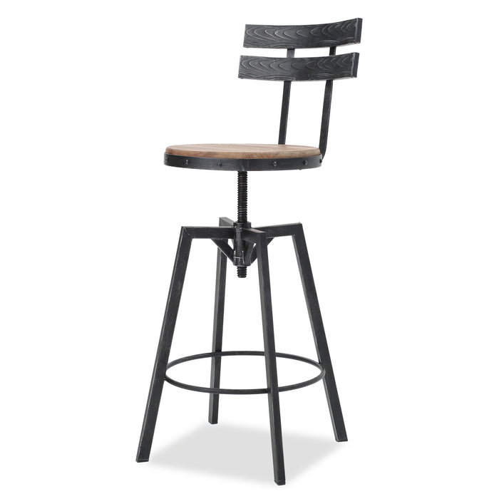 Rustic Metal Barstool With Wooden Seat - Black Brush Silver