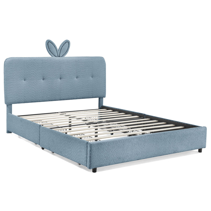 Upholstered Bed With Oversized Rabbit Ear Headboard, LED Lights & 4 Storage Drawers