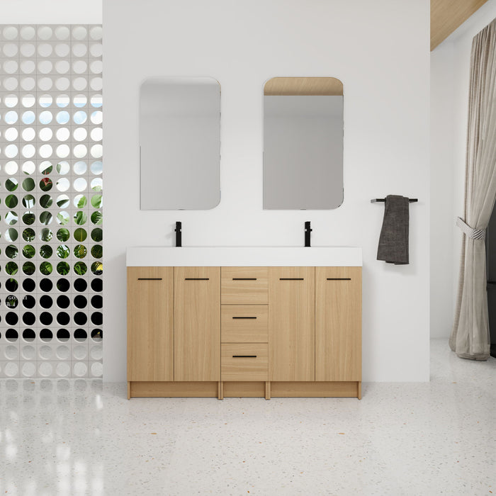 Double Sink Bathroom Vanity With 3 Drawers, Large Storage, Integrated Sink, Freestanding Cabinet, Soft Close Hardware - Glossy White / Light Oak