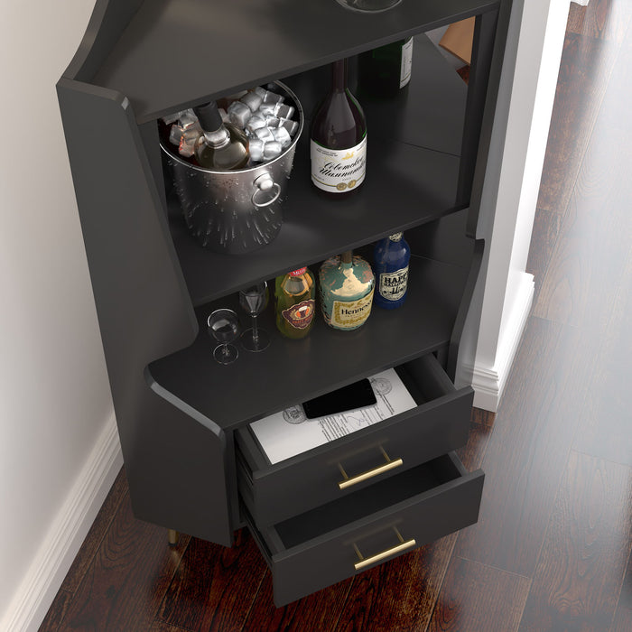 Corner Bar Cabinet With Mirrored Back, 2 Open Shelves & 2 Drawers, High Legs For Easy Cleaning