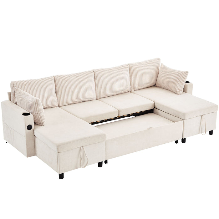 Sectional Sofa Bed With Pull Out Sleeper, USB Ports, Cup Holders