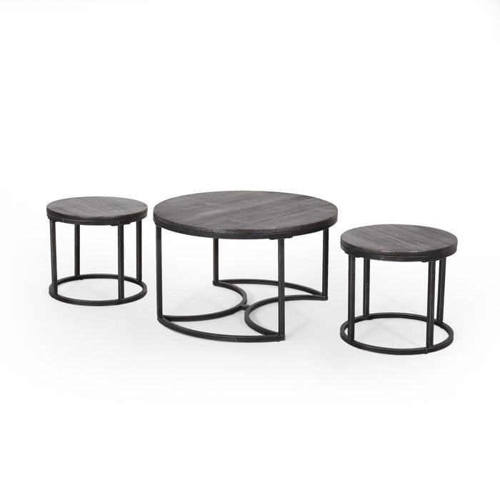 Icebergs - 3 Piece Coffee Table Set With Wood Top And Iron Base - Black / Gray