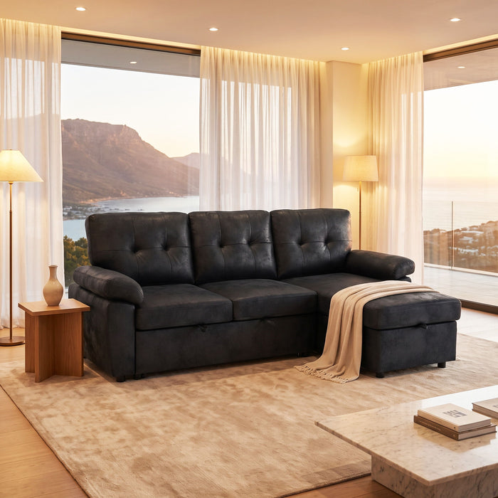 Convertible L - Sectional Sofa Bed With Storage Chaise And Padded Armrests