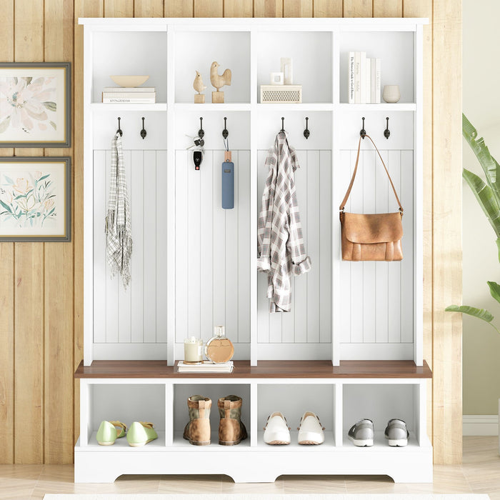 Hall Tree With 8 Hooks, Practical Entryway Bench With Open Compartments