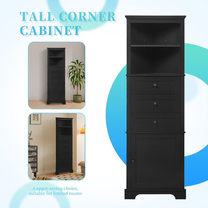 Tall Storage Cabinet With 3 Drawers And Adjustable Shelves For Bathroom