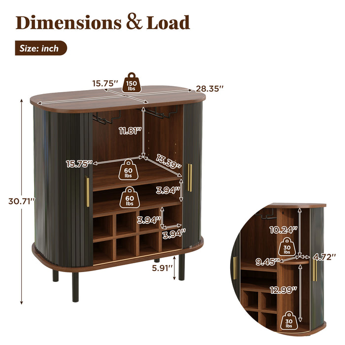 Fluted Wine Bar Cabinet With 8 Grid Wine Rack, 5 Level Adjustable Shelves, 2 Glass Holders