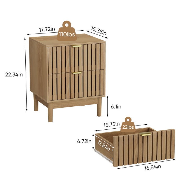 Bedside Table With Grille Design And 2 Drawers, Side Table For Bedroom - Oak