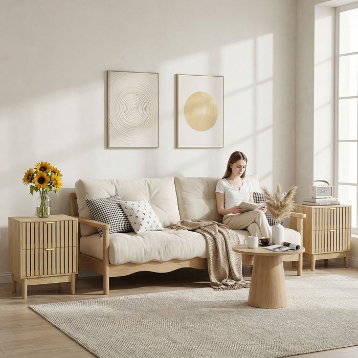 Bedside Table With Grille Design And 2 Drawers, Side Table For Bedroom - Oak