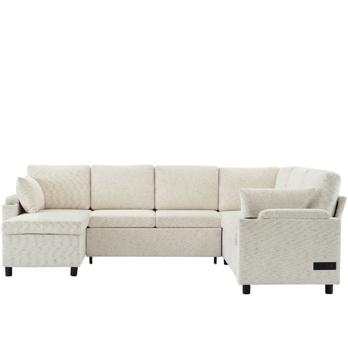 U-Shaped Sectional Sleeper Sofa With Ample Storage Space, 2 Cup Holders And Charging Ports For Living Room