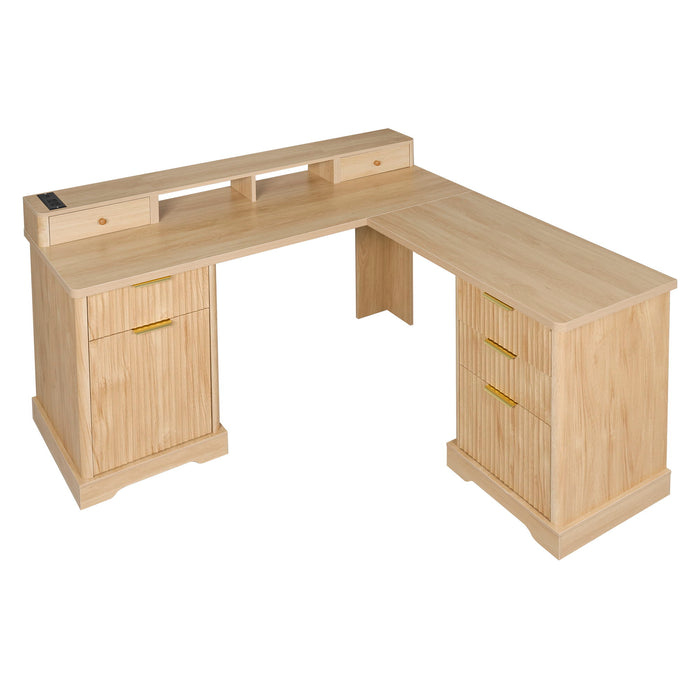 Fluted L-Shaped Desk With Charging Station & Storage Cabinet