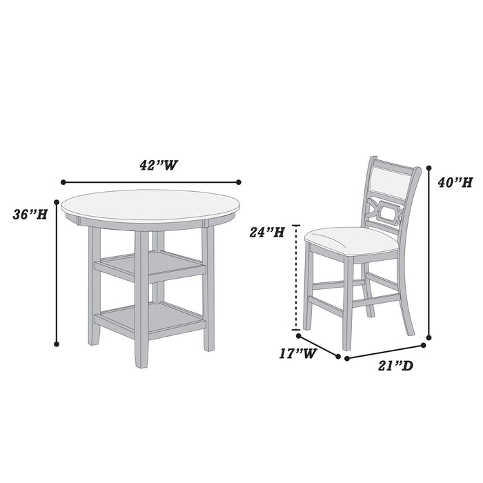 5 Piece Counter Height Dining Set With Storage Shelves Round Table And Upholstered High Chairs - Gray