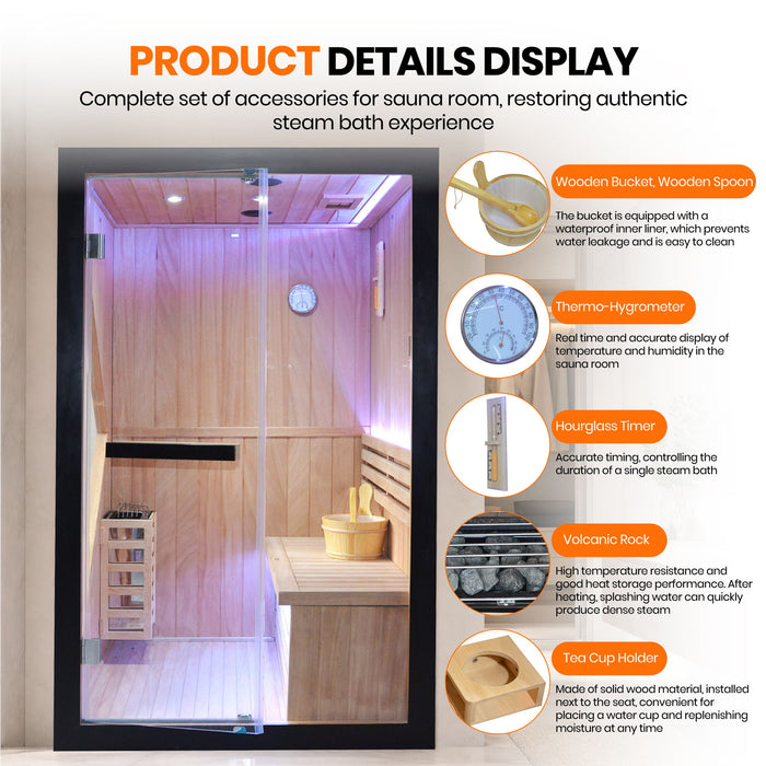 Double Indoor Stove Sauna Room With LED Lighting - Almond