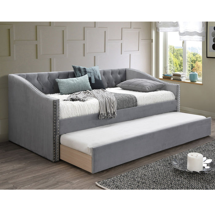 Daybed With Button Tufted Nailhead Trim And Trundle Slat Storage - Gray