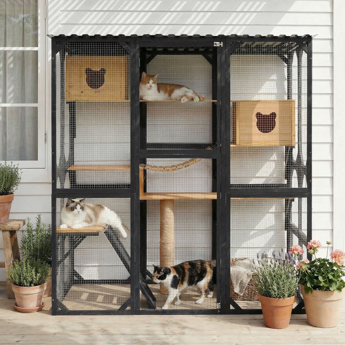 Outdoor Cat Enclosure With Sleeping Houses, Jumping Platforms, Scratching Post