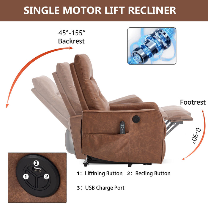 Single Motor Power Lift Recliner Chair With Massage And Heat, USB For Charging - Brown