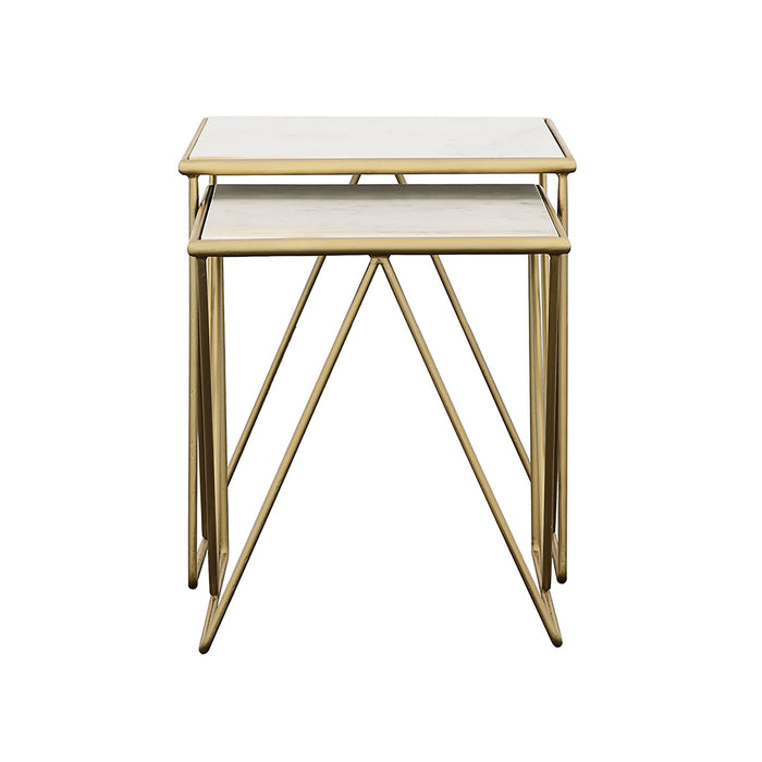 Sinclair - 2 Piece Nesting Table Set With Iron And Luxurious Marble Surface - White / Gold
