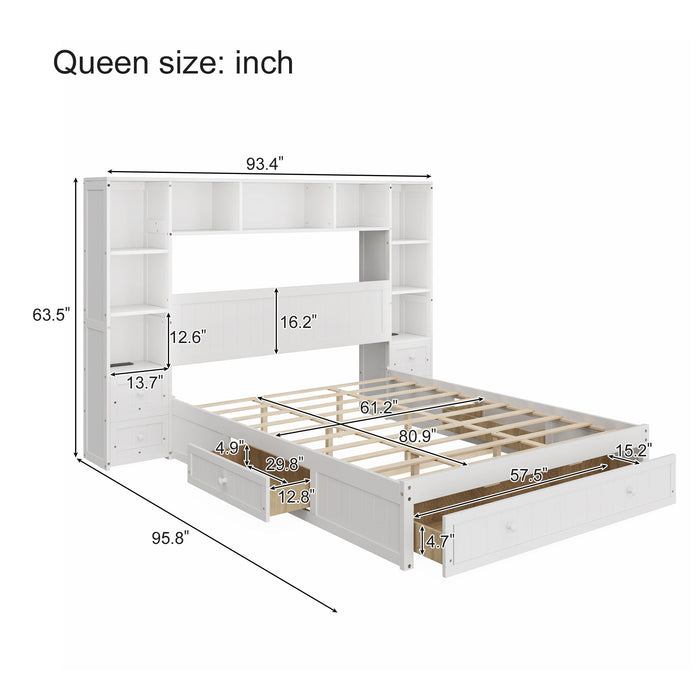Platform Bed With All In One 2 Nightstand, Storage Shelf And Cabinet Bookcase With 2 Charging Stations