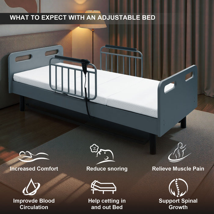 Electric Adjustable Hospital Bed For Home Use With Wired Remote Control, Memory Foam Mattress - Gray / White