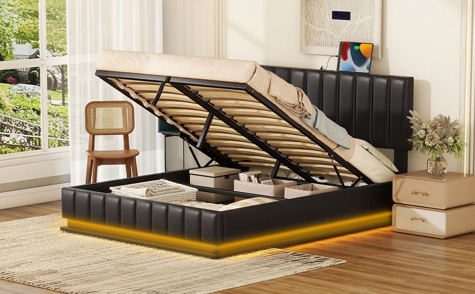 Upholstered Bed With Hydraulic Storage System And LED Light, With Sockets And USB Ports