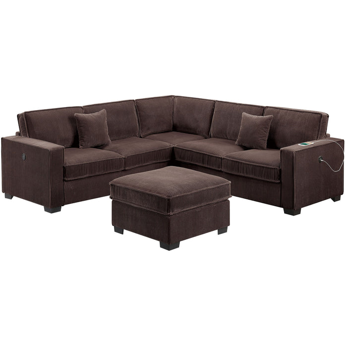 4 Piece Sectional Set With USB Ports, Left Arm Facing / Right Arm Facing Loveseat, Corner Wedge, Cocktail Ottoman, 2 Pillows - Chocolate