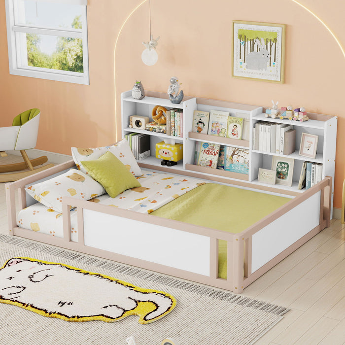 Platform Floor Bed With Guardrail Fence And Side Storage Shelves