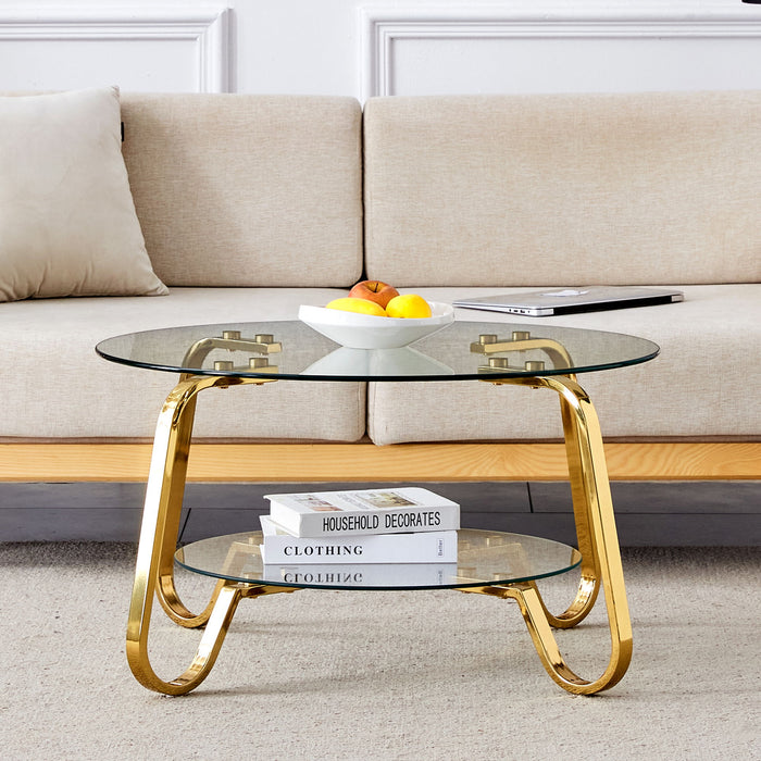 Retro Minimalist Style Metal Frame Double Layer Tempered Glass Coffee Table