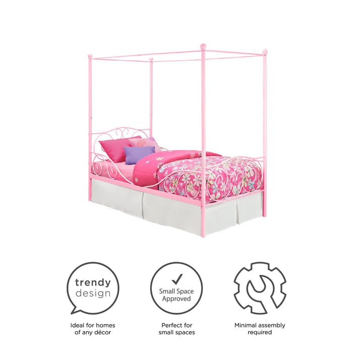 Twin Canopy Bed With Heart Scroll Design And Finial Posts - Pink