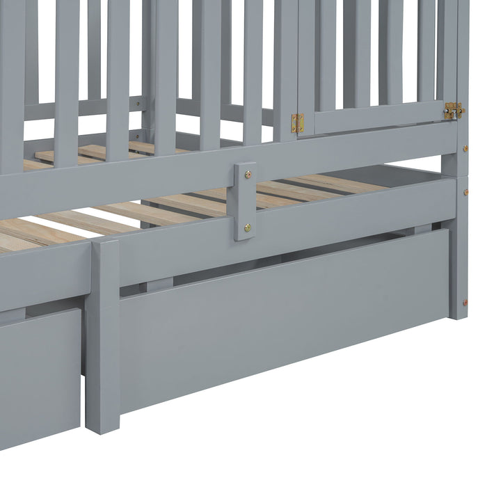 Daybed With Fence Guardrails And 2 Drawers, Split Into Independent Floor Bed & Daybed