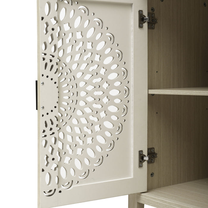 Hollow Carved 2 Door Accent Cabinet Sideboard Buffet Storage Cabinet With Adjustable Shelf For Entryway Living Room Bedroom - Natural