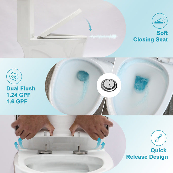1 Piece Toilet For Bathroom, Dual Flush 1.24 / 1.6 Gpf, Soft Closing Seat - White