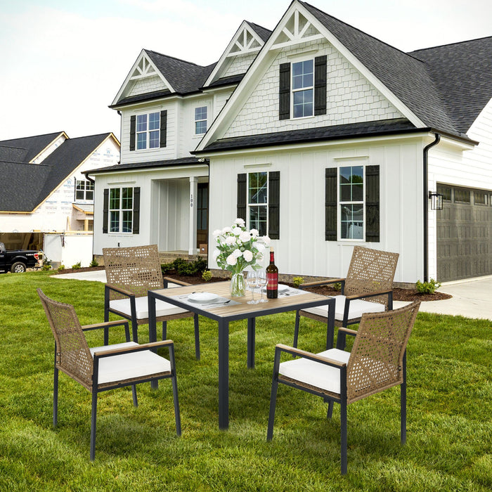 5 Piece Patio Dining Table Set, Acacia Wood Table Top With Umbrella Hole